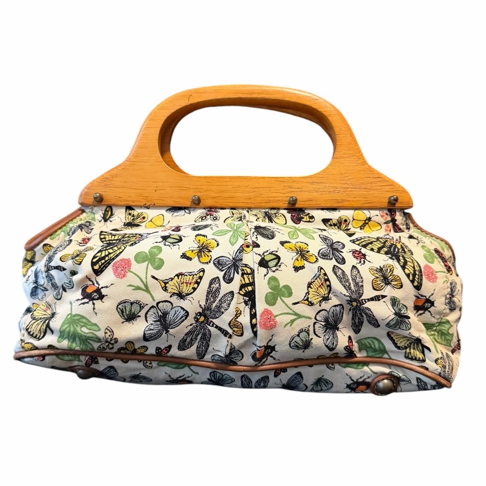 J. Crew Floral Print Women's Bag with Wooden Handle - Picture 3 of 6